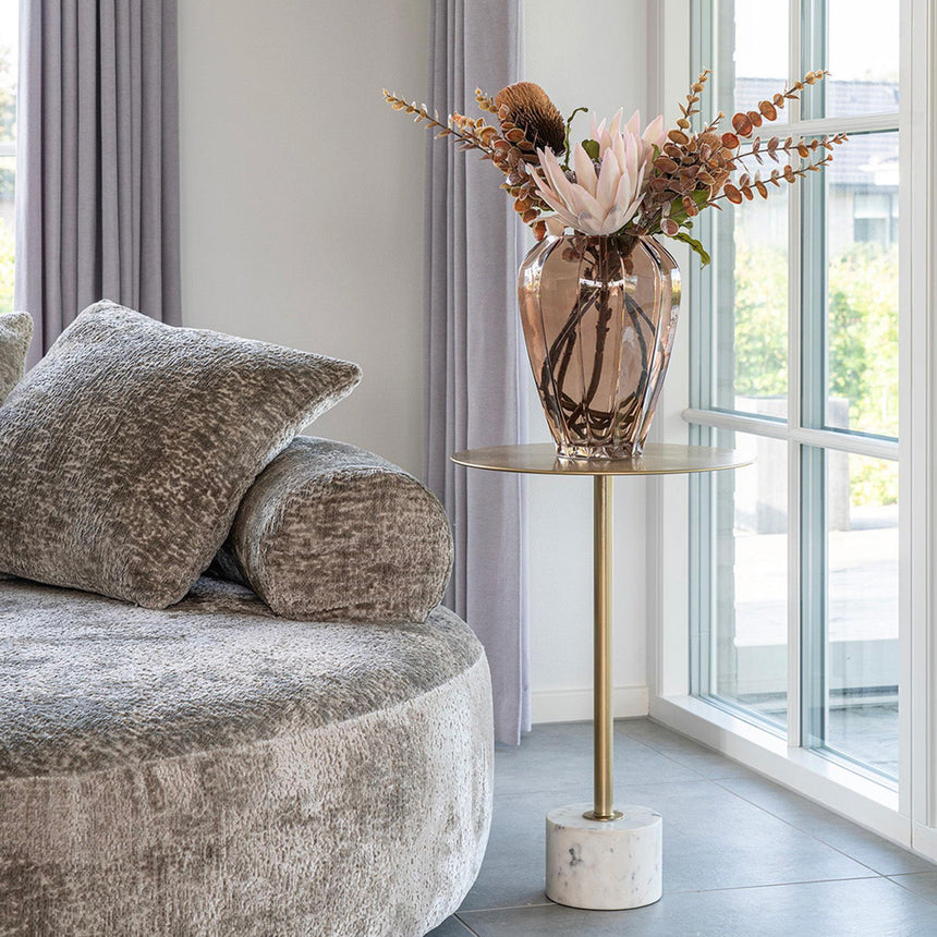 Lecco Gold Metal Round Side Table with Marble Base