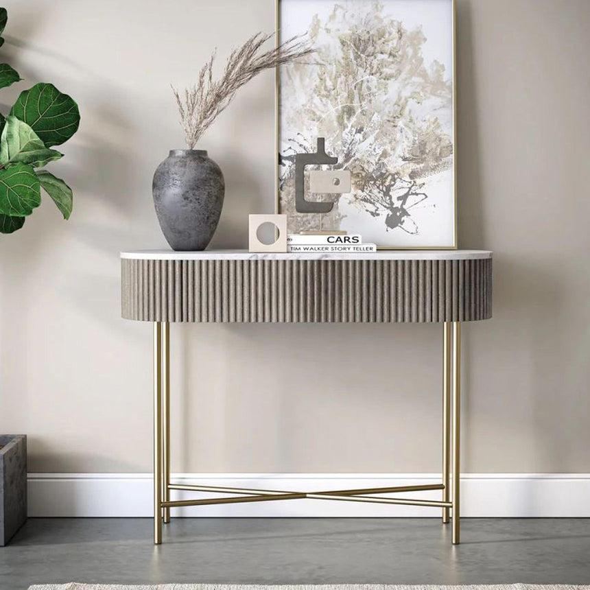 Michigan Grey 100cm Fluted Console Table with White Marble Top