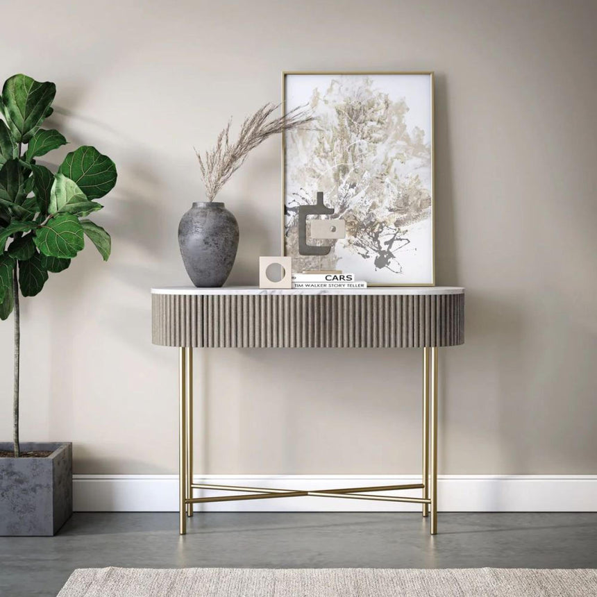 Isabella Grey 100cm Fluted Console Table with White Marble Top