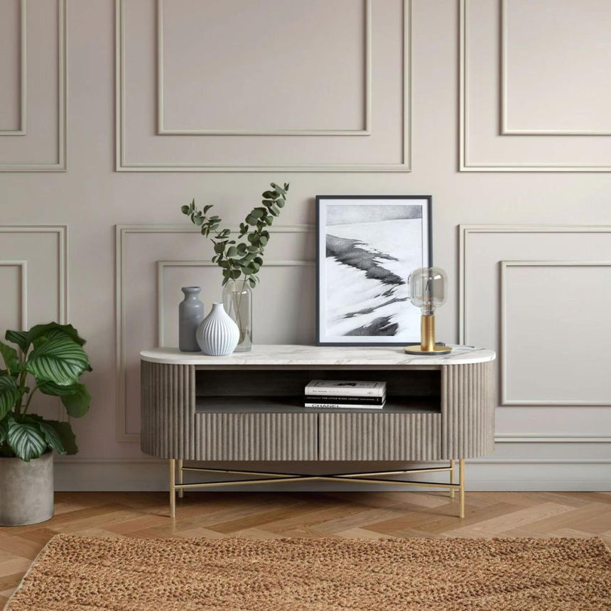 Isabella Grey 120cm Fluted Curved Storage TV Unit with White Marble Top