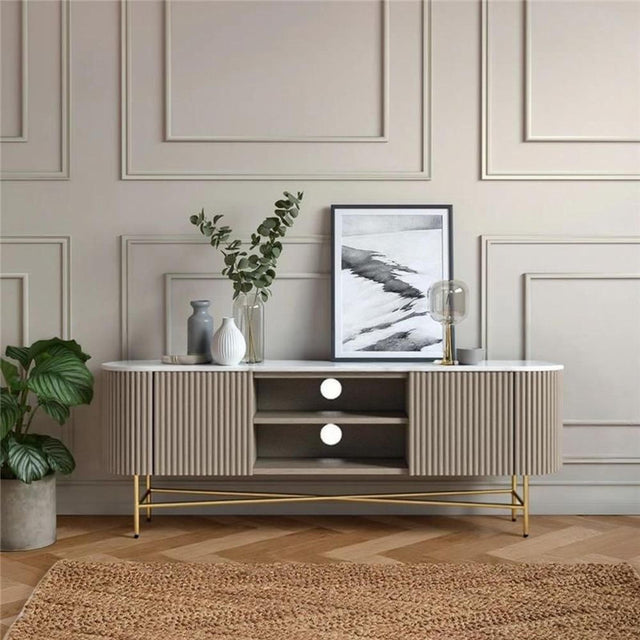 Isabella Grey 180cm Fluted Curved Storage TV Unit with White Marble Top