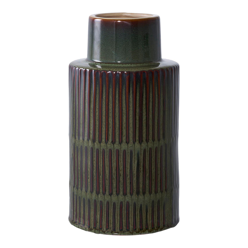 Green Ceramic Vase with Brown Strips