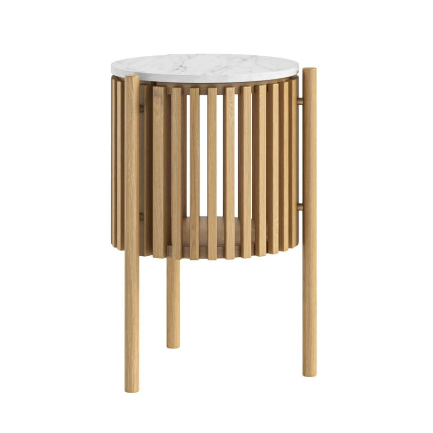 Soho Oak 1 Door Slatted Story Round Side Table - White Marble Top