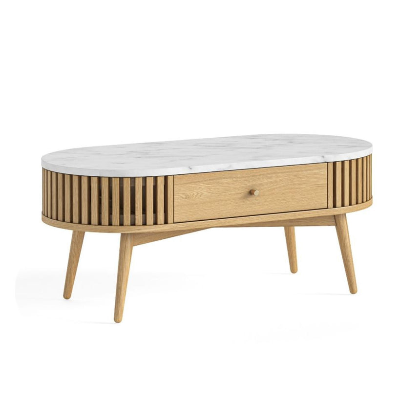 Soho Oak 1 Drawer Slatted Oval Coffee Table - White Marble Top
