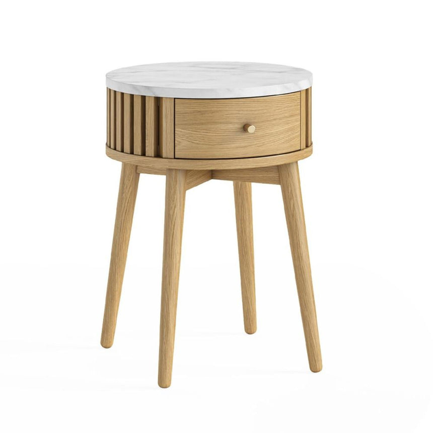 Soho Oak 1 Drawer Slatted Round Side Table - White Marble Top