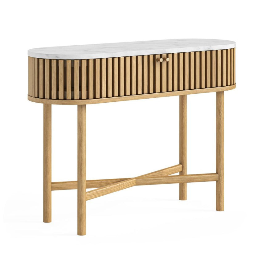 Soho Oak 2 Door Slatted Oval Console Table - White Marble Top