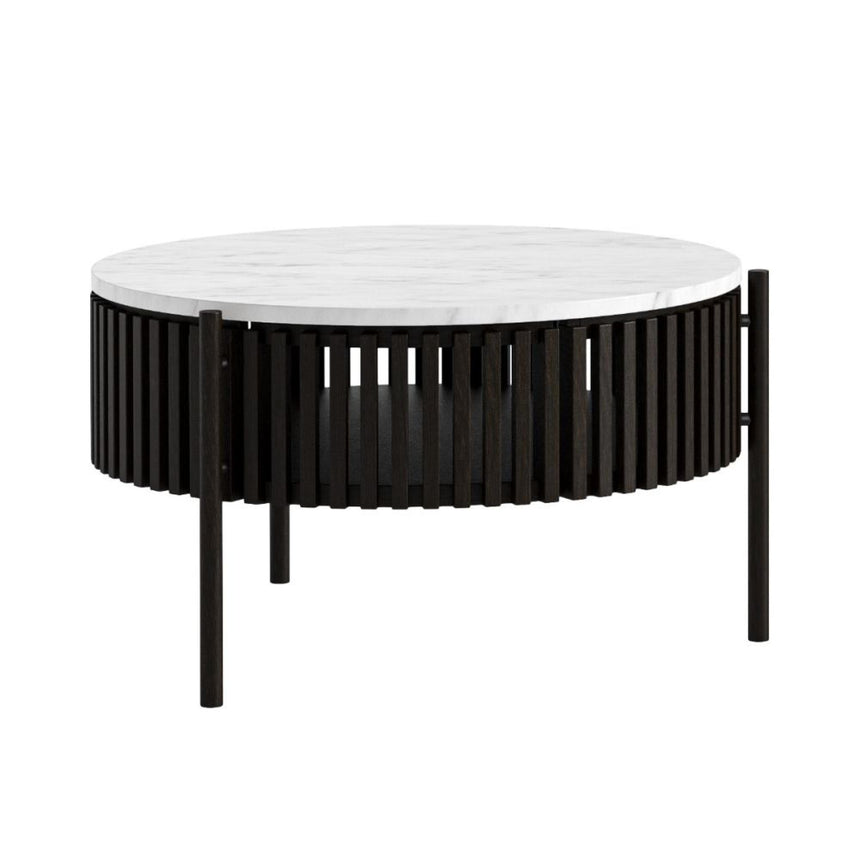 Soho Black 1 Door Slatted Story Round Coffee Table - White Marble Top