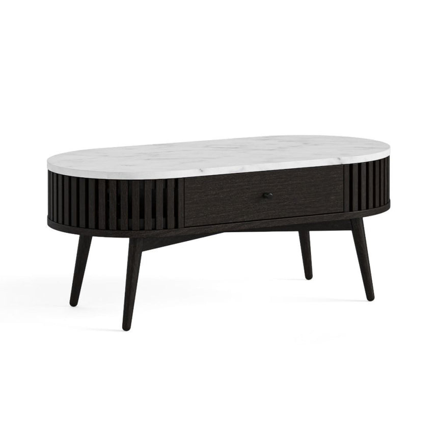 Soho Black 1 Drawer Slatted Oval Coffee Table - White Marble Top