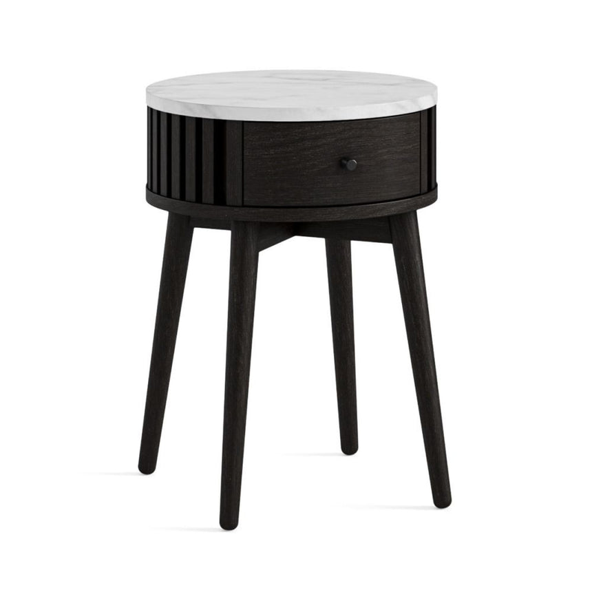 Soho Black 1 Drawer Slatted Round Side Table - White Marble Top