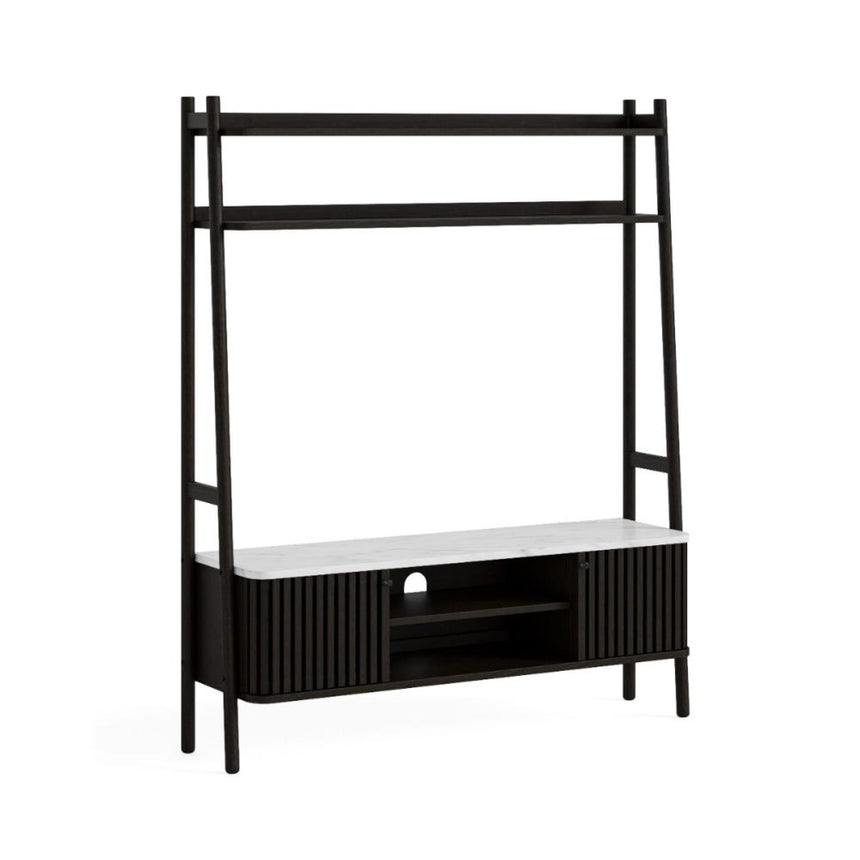 Soho Black Slatted Ladder Storage TV Unit - White Marble Top