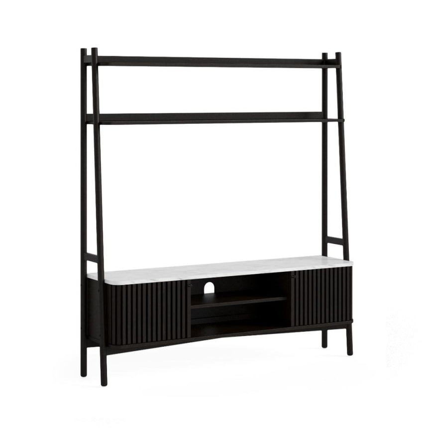 Soho Black 165cm Slatted Ladder Large Storage TV Unit - White Marble Top