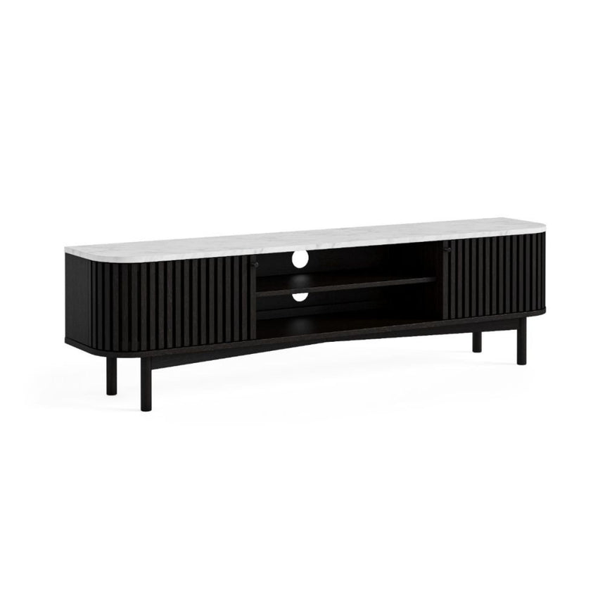 Soho Black 180cm Slatted Large Storage TV Unit - White Marble Top