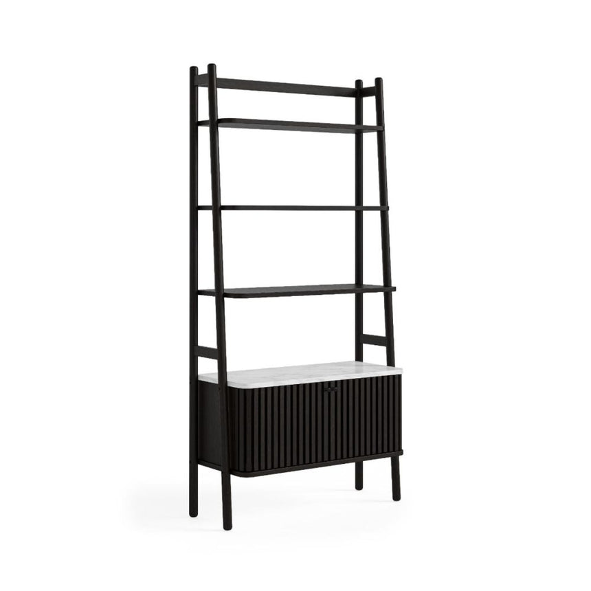 Soho Black 2 Door Slatted Bookcase - White Marble Top