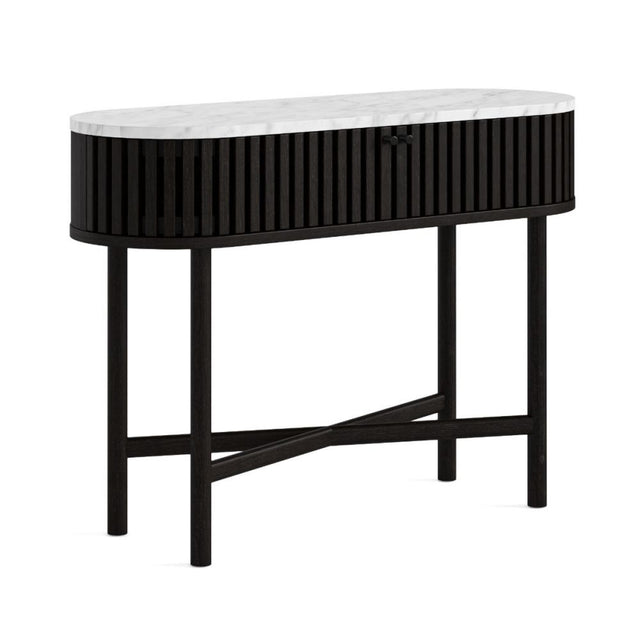 Soho Black 2 Door Slatted Oval Console Table - White Marble Top