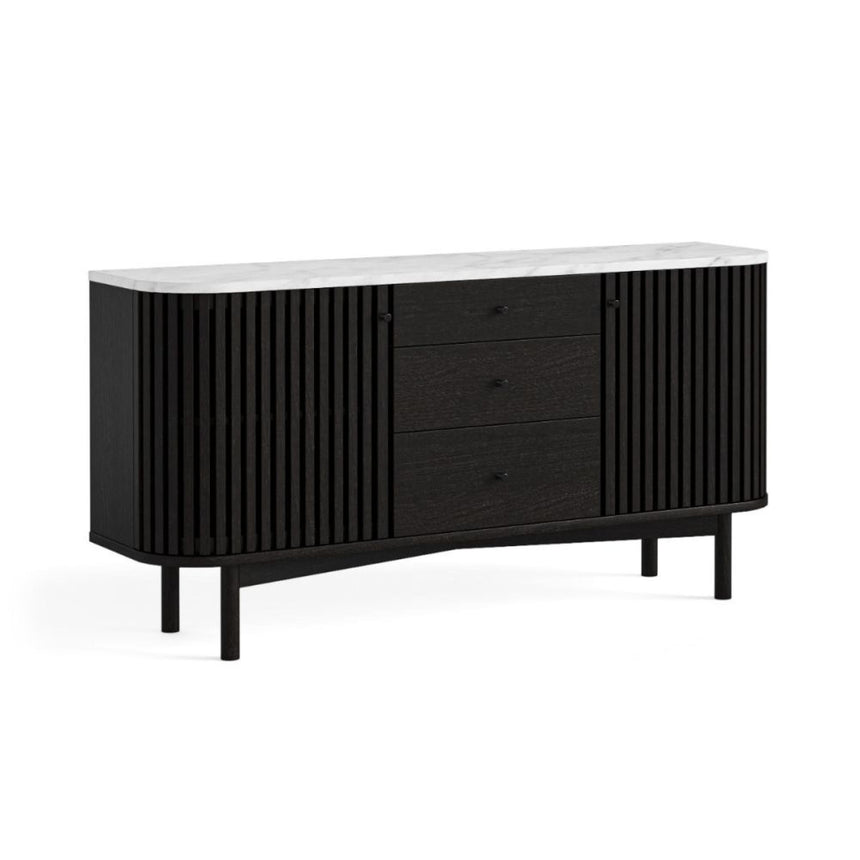 Soho Black 2 Door Slatted Sideboard - White Marble Top - 140cm