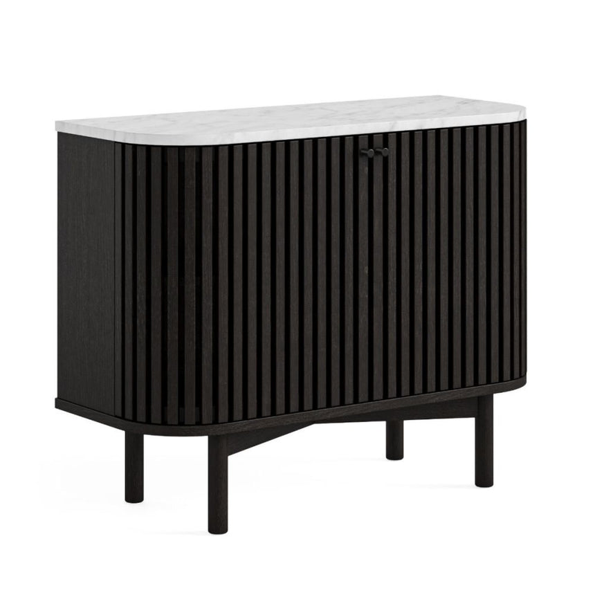 Soho Black 2 Door Slatted Small Sideboard - White Marble Top