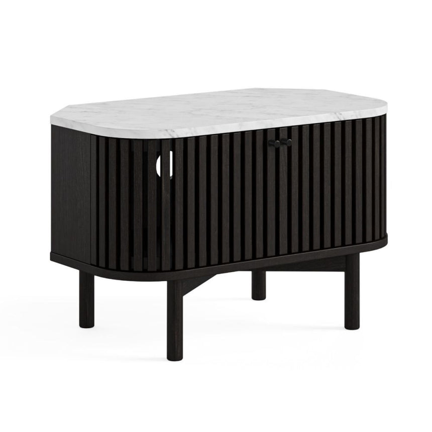 Soho Black Slatted Corner Storage TV Unit - White Marble Top