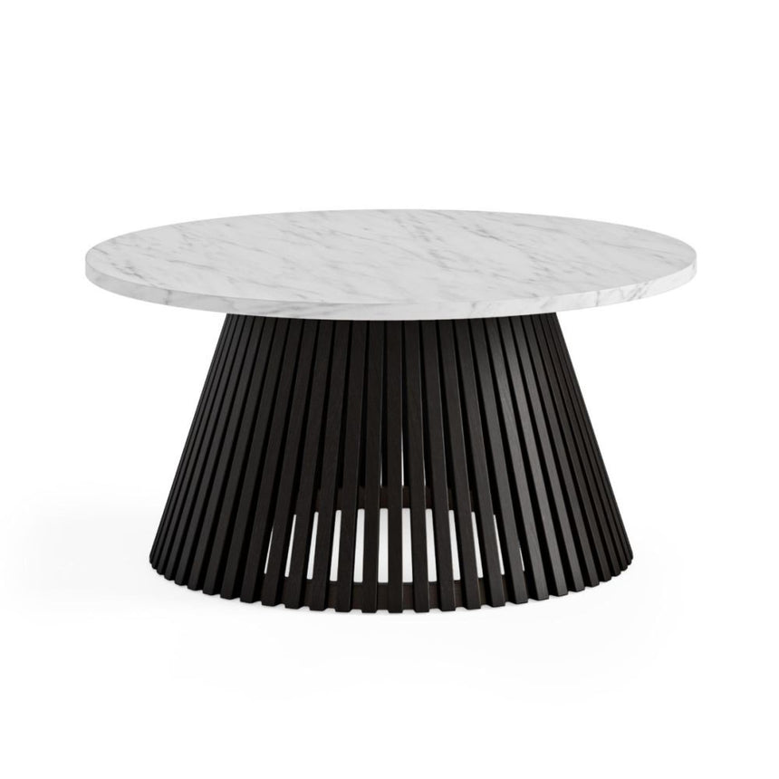 Soho Black Slatted Round Coffee Table - White Marble Top