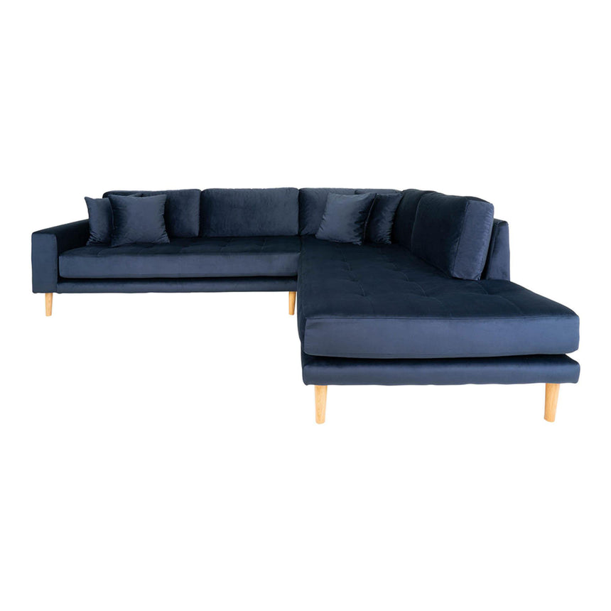Lido Dark Blue Velvet Fabric Right Hand Facing Corner Sofa Open End with Natural Legs