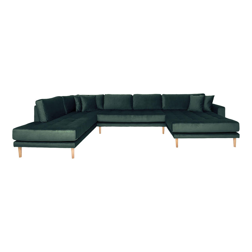 Lido Dark Green Velvet Fabric Right Hand Facing U-Sofa Open End with Natural Legs