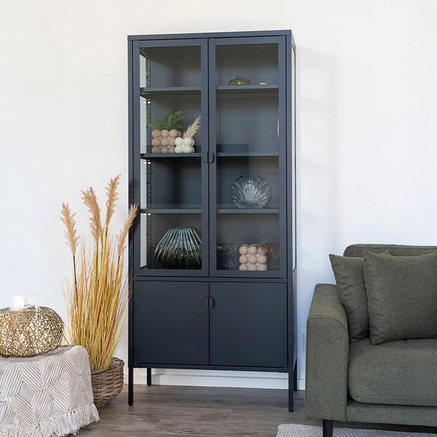 Nondalton Glass and Black Metal 4 Door Display Cabinet
