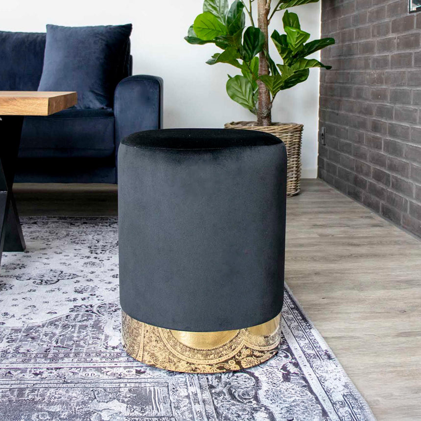 Hampton Black Velvet Fabric Round Pouf