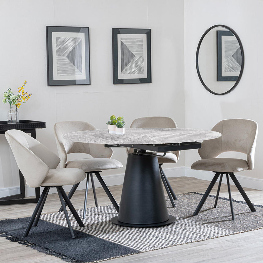 Carrara Grey Ceramic 4 Seater Round Extending Dining Set - 4 Ion Beige Velvet Fabric Swivel Dining Chair-2