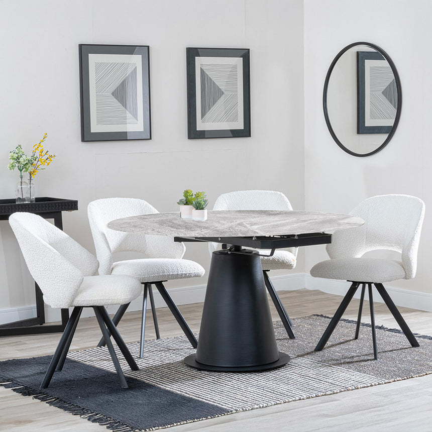 Carrara Grey Ceramic 4 Seater Round Extending Dining Set - 4 Ion Cream Boucle Teddy Fabric Swivel Dining Chair-5