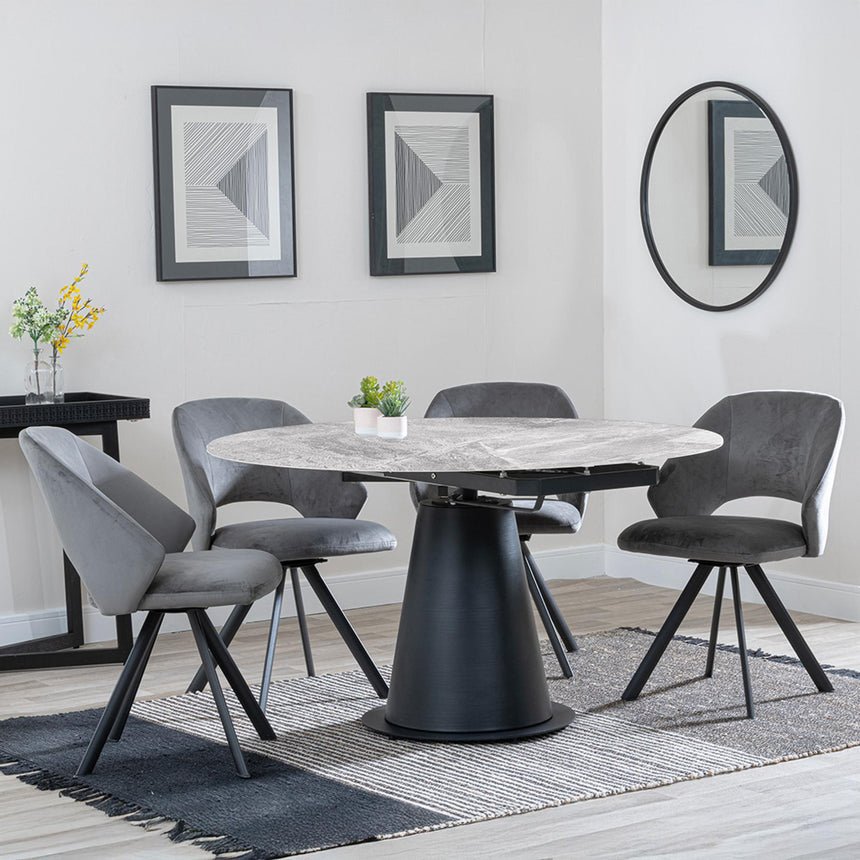 Carrara Grey Ceramic 4 Seater Round Extending Dining Set - 4 Ion Dark Grey Velvet Fabric Swivel Dining Chair-3