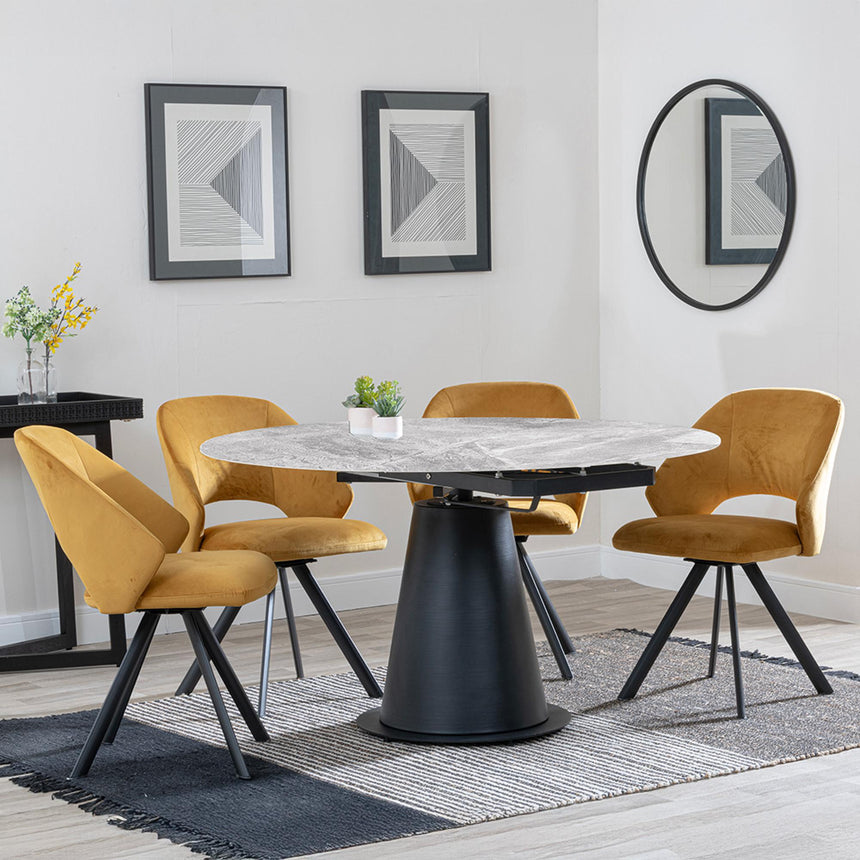 Carrara Grey Ceramic 4 Seater Round Extending Dining Set - 4 Ion Mustard Velvet Fabric Swivel Dining Chair