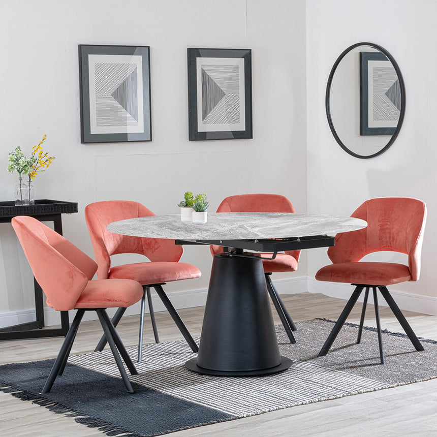 Carrara Grey Ceramic 4 Seater Round Extending Dining Set - 4 Ion Orange Velvet Fabric Swivel Dining Chair-4