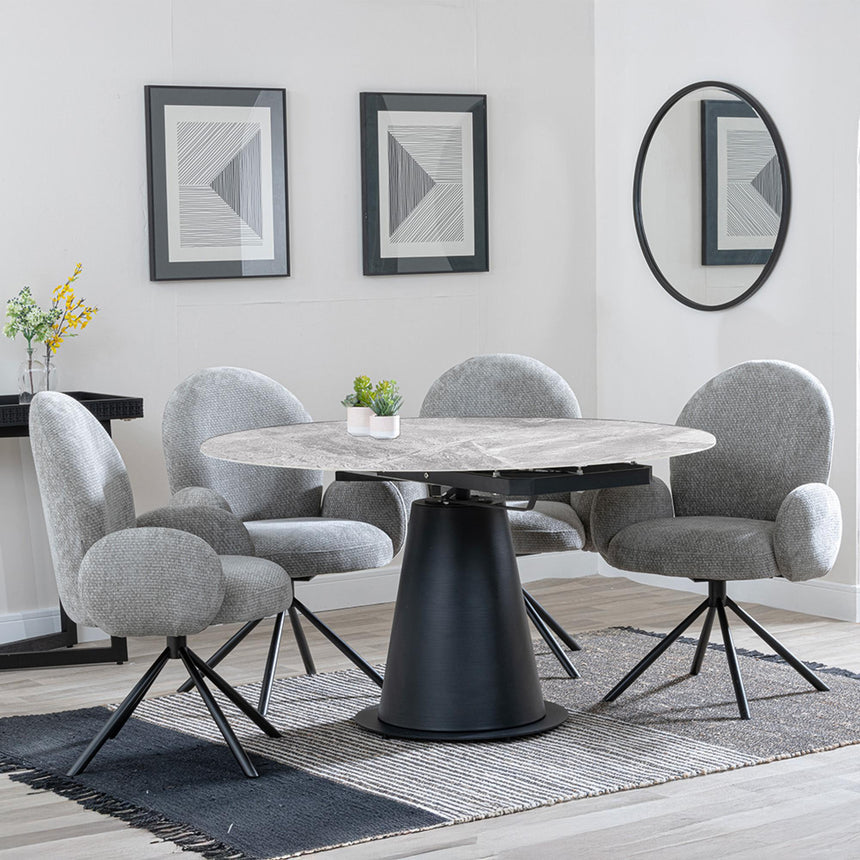 Carrara Grey Ceramic 4 Seater Round Extending Dining Set - 4 Theo Dark Grey Fabric Swivel Dining Chair