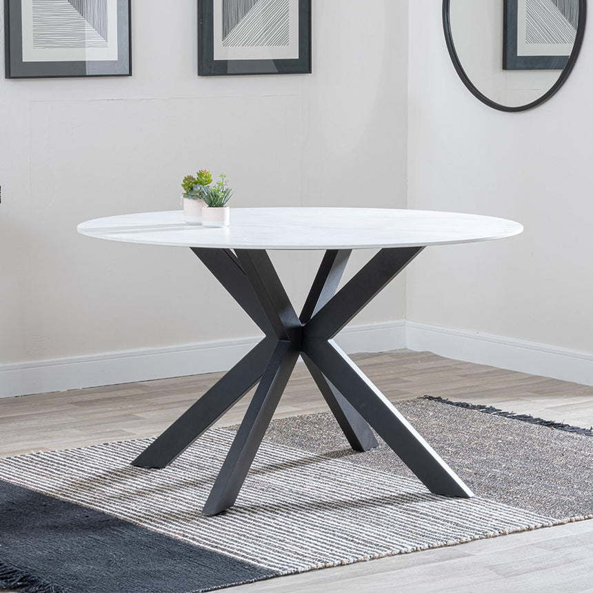 Novara 4 Seater White Ceramic Round Dining Table with Black Star Base - 130cm
