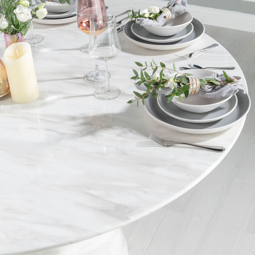 Modena 4 Seater White Marble Round Dining Table with Pedestal Base - 130cm