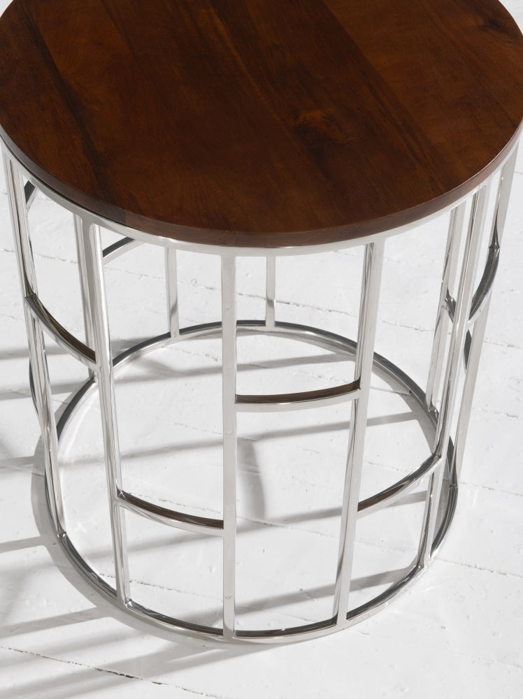 Zion Round Chrome Side Table with Mango Wood Top-4