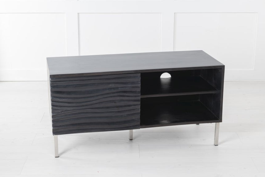 Wave Mango Wood TV Unit, Black Ripple Pattern 100cm Wide, Stand Upto 32in Plasma - 1 Door with 2 Shelf-3