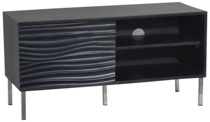 Wave Mango Wood TV Unit, Black Ripple Pattern 100cm Wide, Stand Upto 32in Plasma - 1 Door with 2 Shelf-4