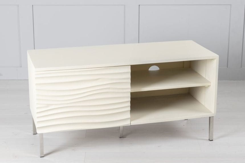 Wave Mango Wood TV Unit, Bone White Ripple Pattern 100cm Wide, Stand Upto 32in Plasma - 1 Door with 2 Shelf-3