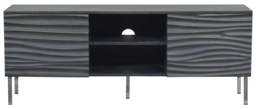 Wave Mango Wood TV Unit, Charcoal Grey Ripple Pattern 130cm Wide, Stand Upto 50in Plasma - 2 Door with 3 Shelf-4