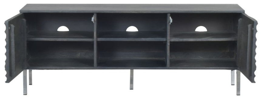 Wave Mango Wood TV Unit, Charcoal Grey Ripple Pattern 130cm Wide, Stand Upto 50in Plasma - 2 Door with 3 Shelf-5