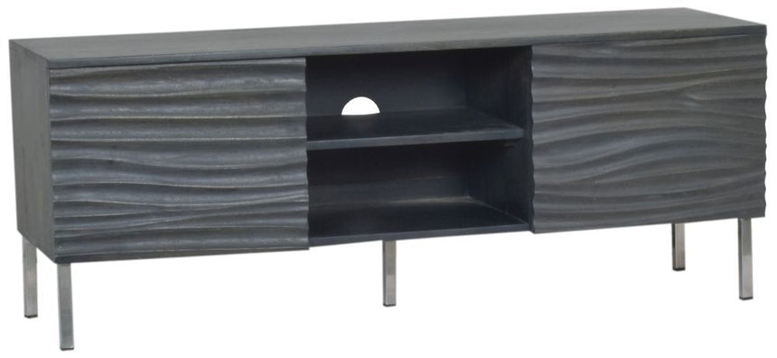 Wave Mango Wood TV Unit, Charcoal Grey Ripple Pattern 130cm Wide, Stand Upto 50in Plasma - 2 Door with 3 Shelf-6
