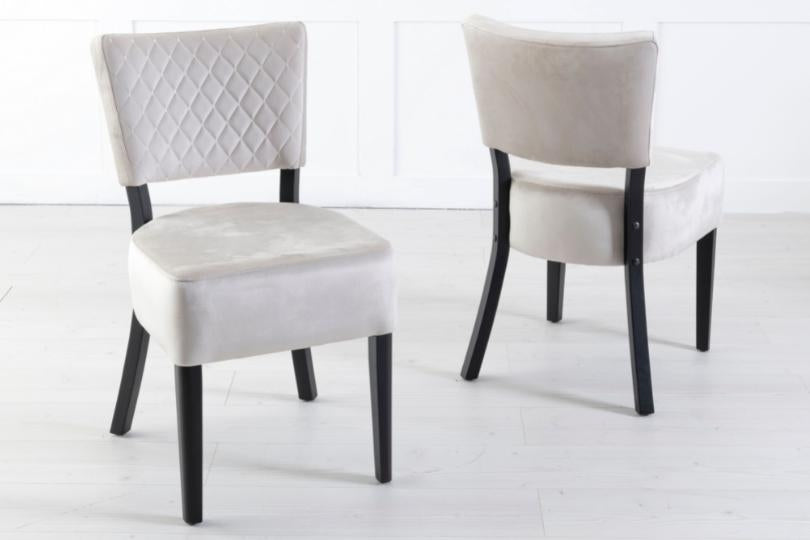 Indus Beige Dining Chair, Velvet Fabric Upholstered with Quilted Diamond Stitched and Black Wooden Legs-3