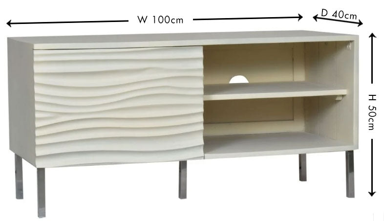 Wave Mango Wood TV Unit, Bone White Ripple Pattern 100cm Wide, Stand Upto 32in Plasma - 1 Door with 2 Shelf-7