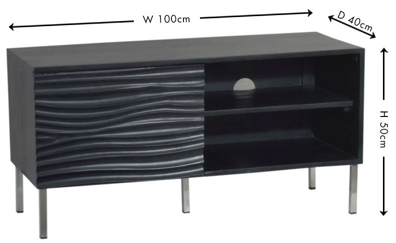 Wave Mango Wood TV Unit, Black Ripple Pattern 100cm Wide, Stand Upto 32in Plasma - 1 Door with 2 Shelf-6