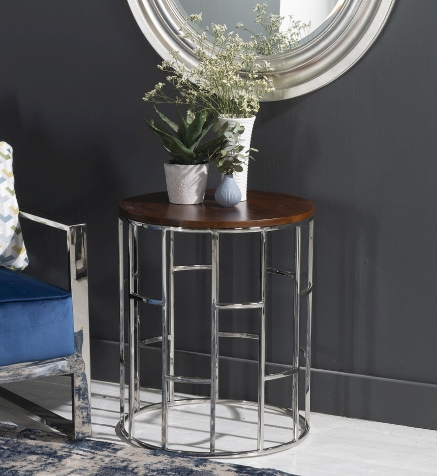 Zion Round Chrome Side Table with Mango Wood Top-6