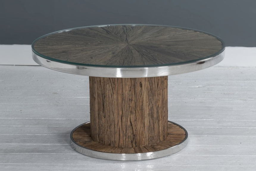 Railway Sleeper Coffee Table with Glass Top, Round Column Base, Made from Reclaimed Wood and Steel Trim-8