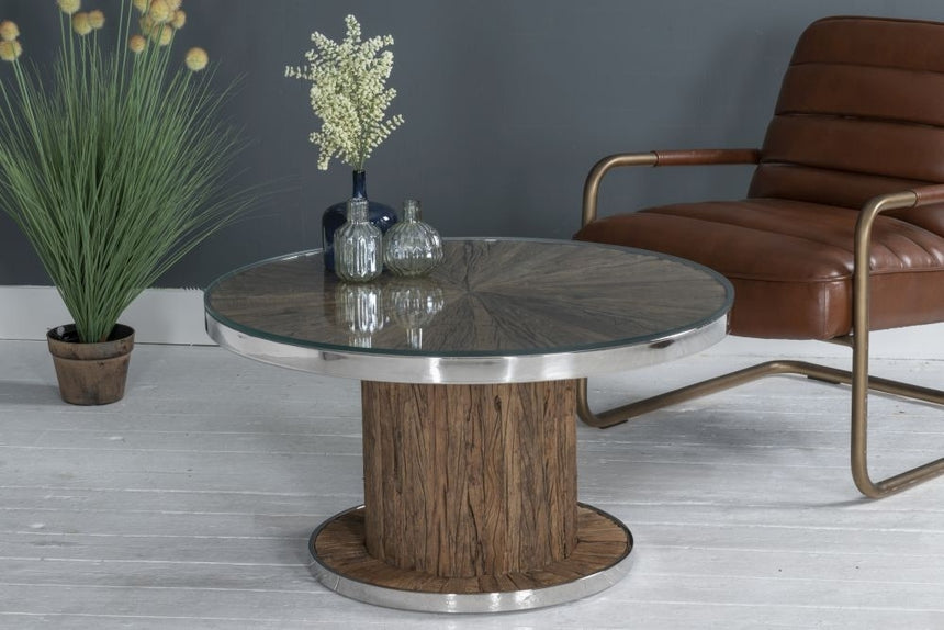 Railway Sleeper Coffee Table with Glass Top, Round Column Base, Made from Reclaimed Wood and Steel Trim-11