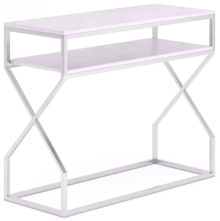 Scala White Marble Top and Chrome Console Table with Middle Shelf-7