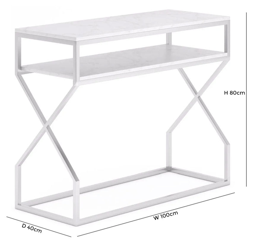 Scala White Marble Top and Chrome Console Table with Middle Shelf-9