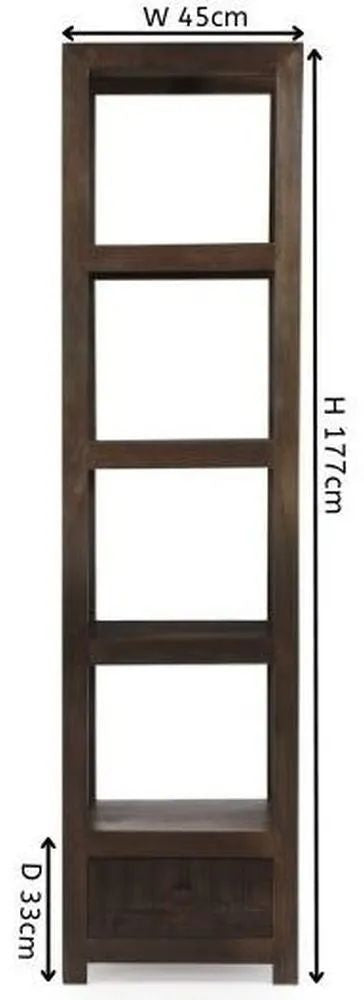 Dakota Mango Wood Narrow Bookshelf, Indian Dark Walnut Rustic Finish, 1 Drawer Bottom Storage Shelving Unit - Open Display Unit-6